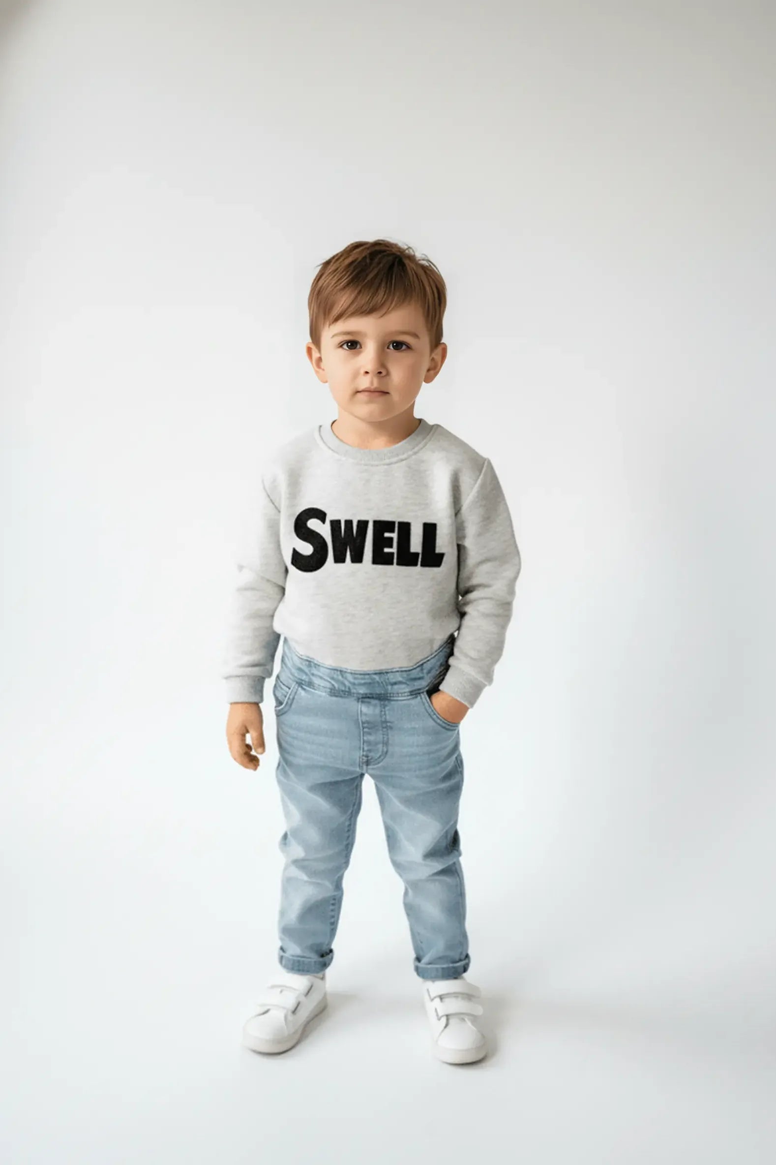 Child wearing a gray Bubba's and Mama's sweatshirt with 'SWELL' text on a white background