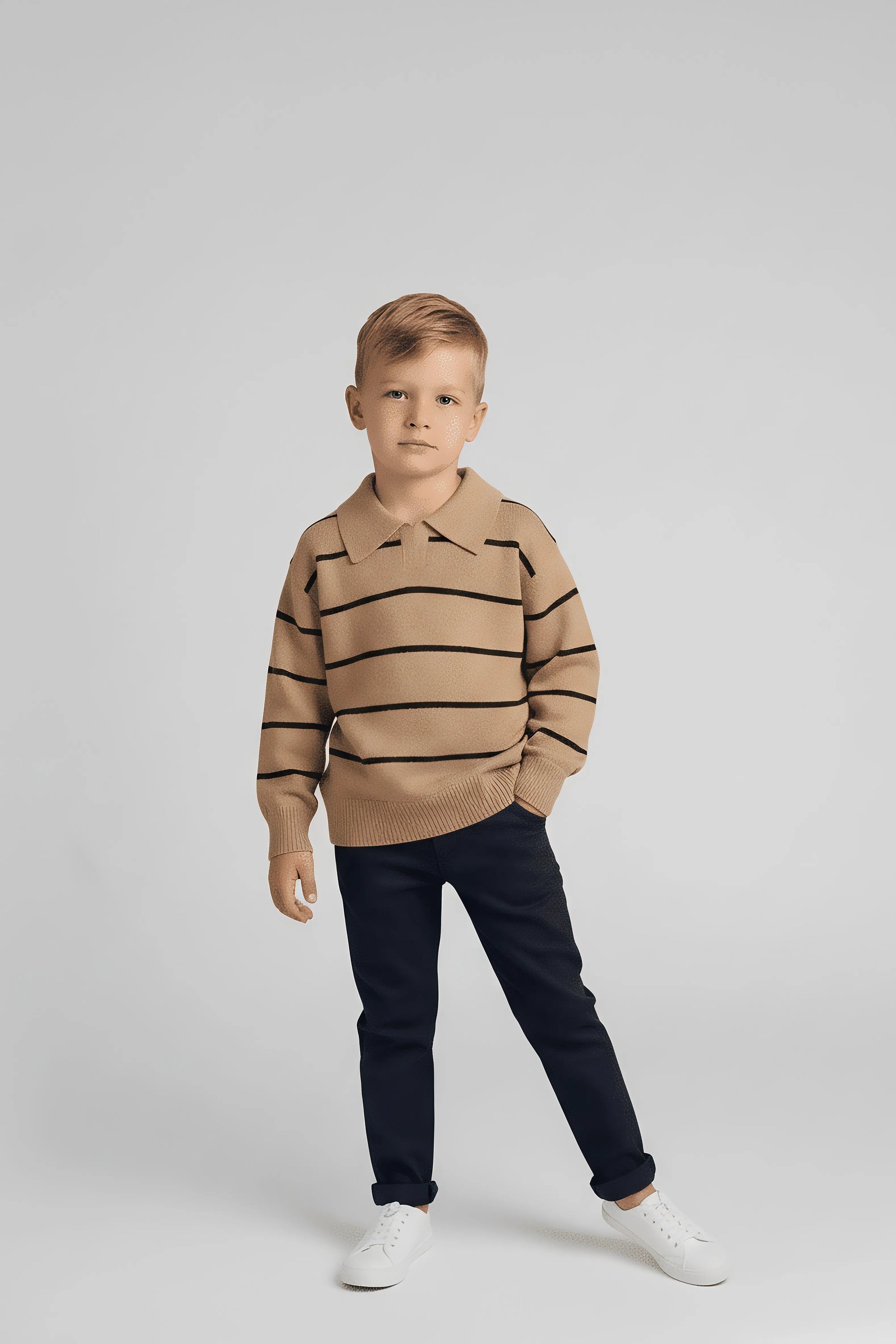 Young boy wearing a striped Bubba's and Mama's sweater and dark pants on a light gray background