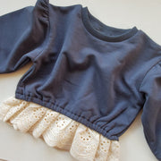 Navy Sweater with Lace Hem