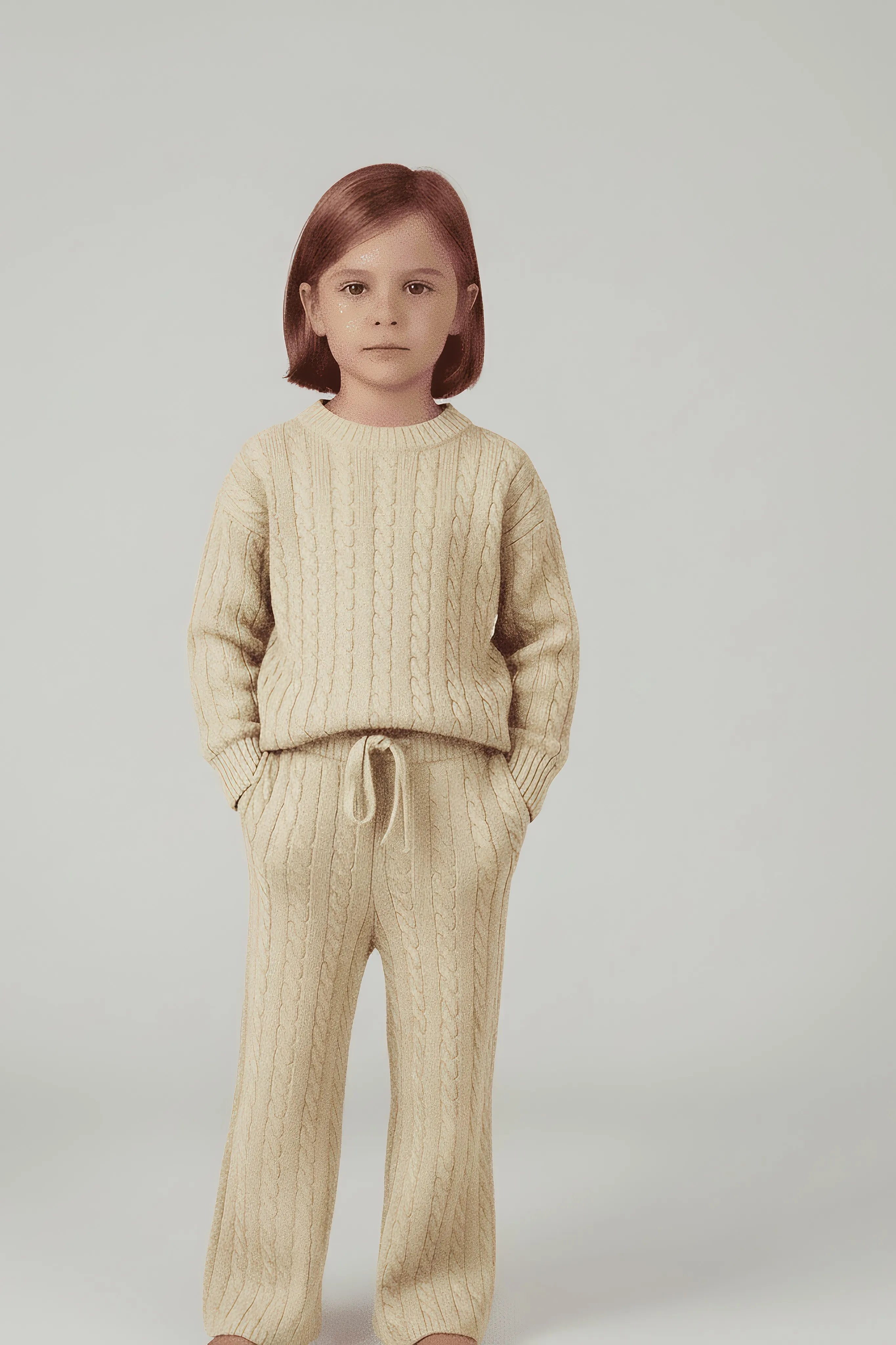 Child wearing a beige cable knit Bubba's and Mama's sweater and pants on a plain background