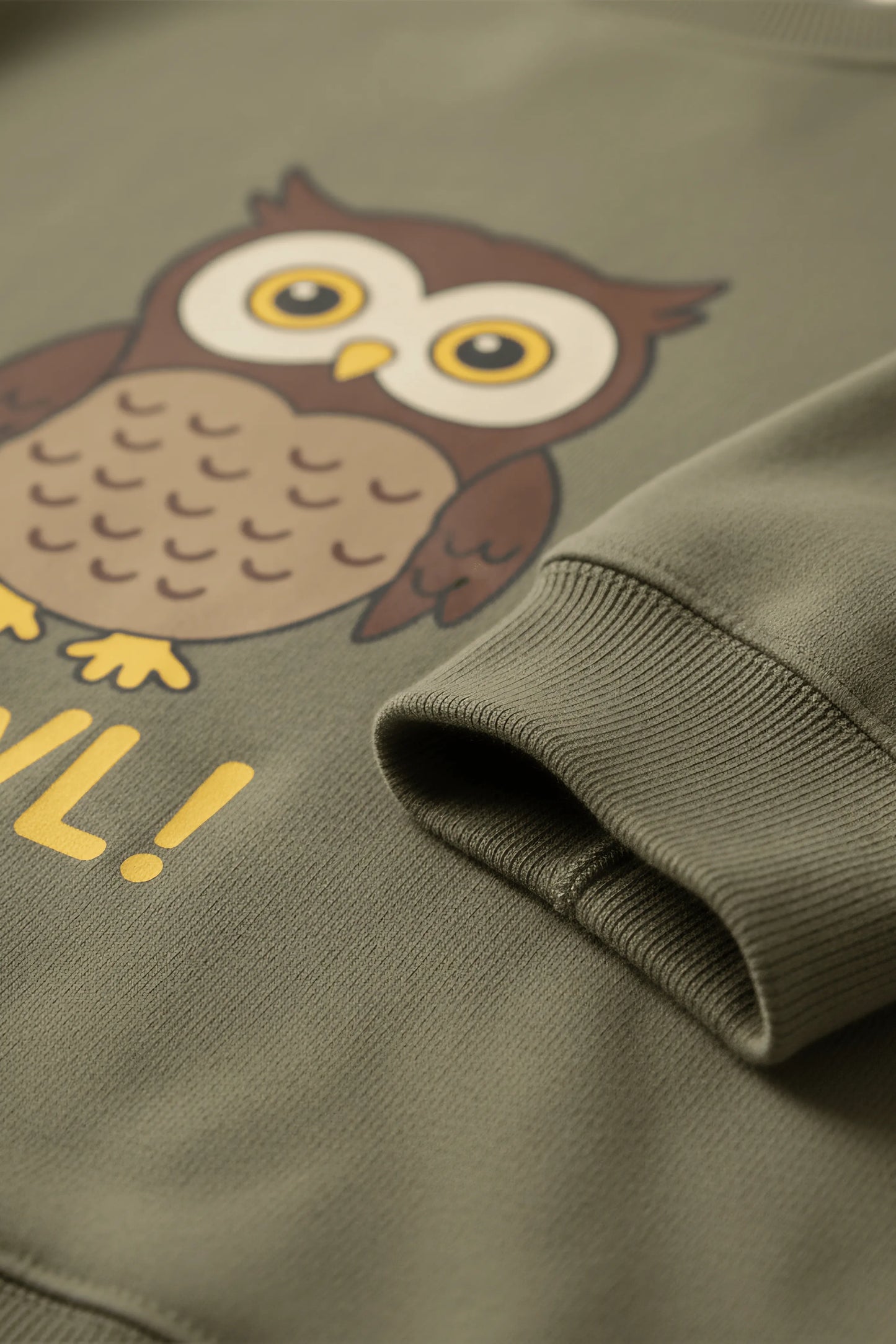 Green Bubba's and Mama's sweatshirt with an owl graphic and text on a matching background