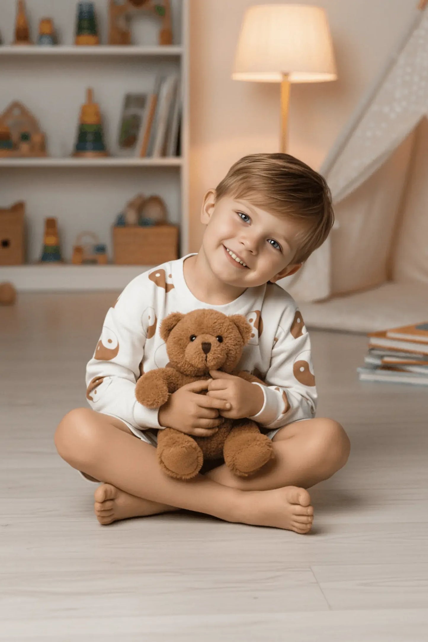 Child sitting on the floor holding a teddy bear in a cozy room with toys and books.