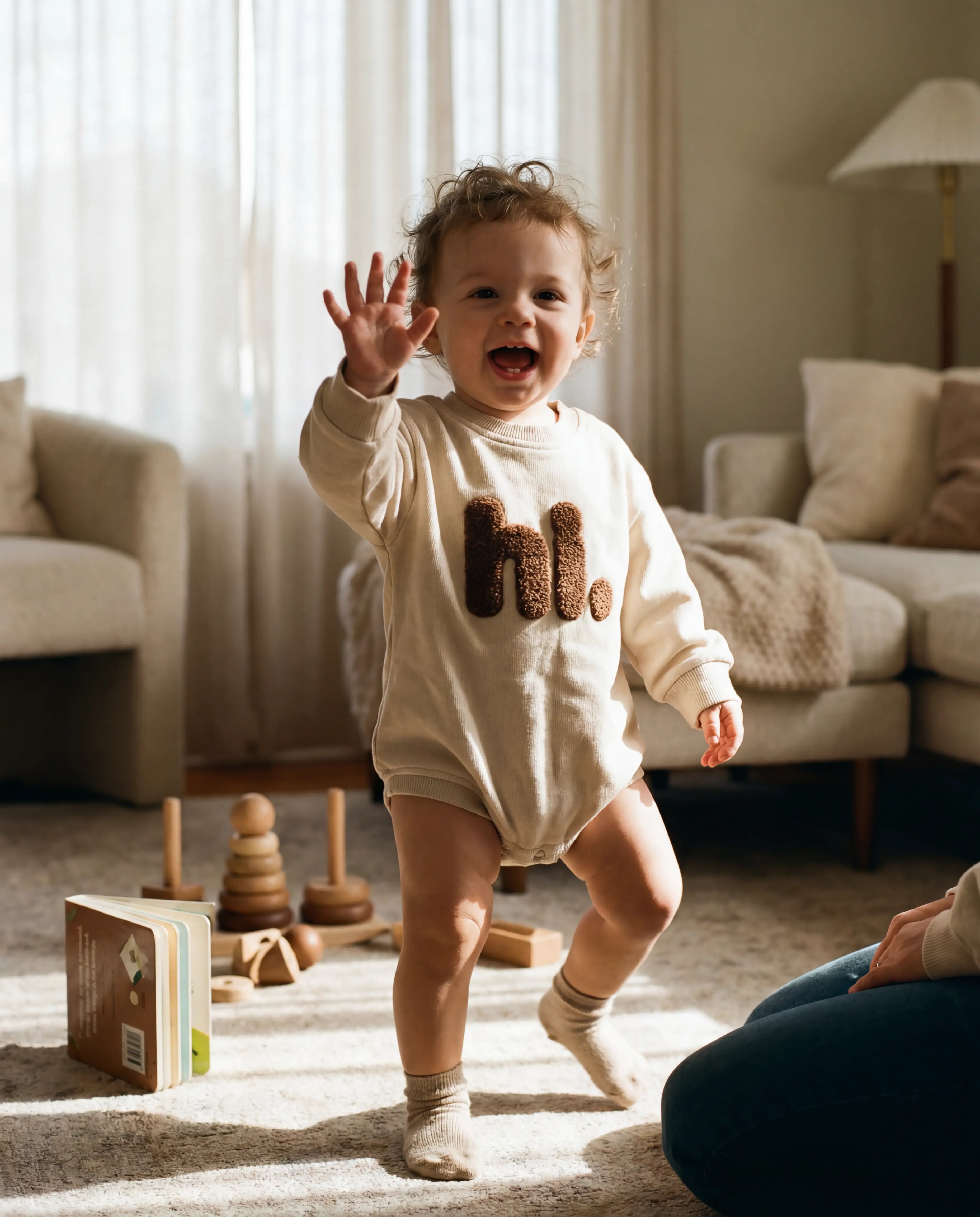 “hi.” Cozy Oatmeal Baby Romper