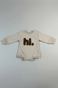 “hi.” Cozy Oatmeal Baby Romper